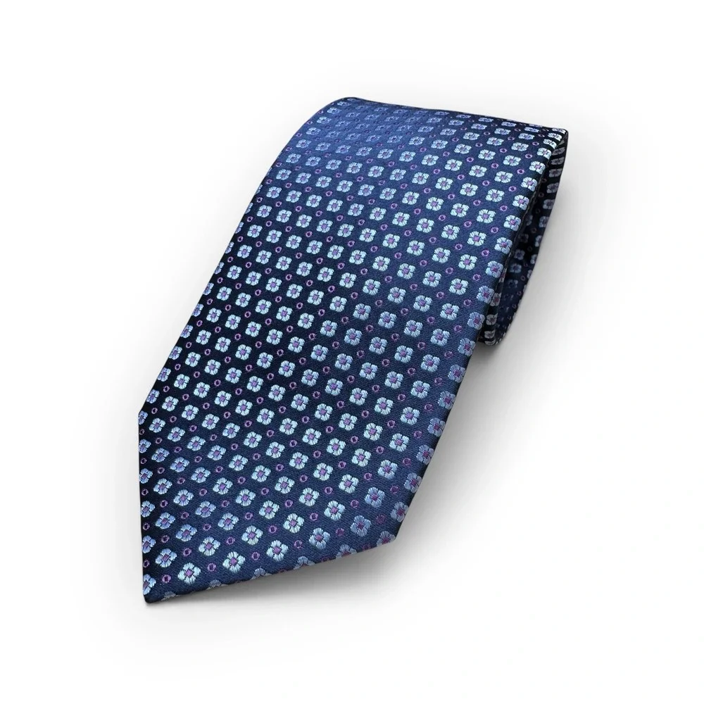Haines & Bonner of London Silk Tie Blue Purple Geometric Floral Handmade 58x3.25